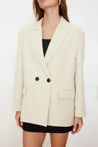 TRENDYOLMİLLA Stone Oversized Plain Kesim Basic Double breasted Weaving Blazer Jacket - Image 6