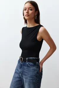 TRENDYOLMİLLA Black Ruffle Detailed Boat Neck Flexible snaps Knitting Bodysuit .D.00020