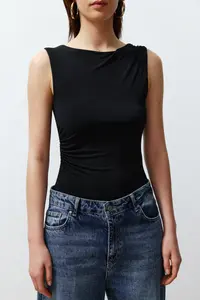 TRENDYOLMİLLA Black Ruffle Detailed Boat Neck Flexible snaps Knitting Bodysuit .D.00020 - Image 4