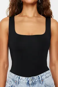 TRENDYOLMİLLA Black Fitted Back Detailed Square Neck snaps Flexible Knitting Bodysuit .D.00026 - Image 5