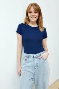 TRENDYOLMİLLA Navy Blue Fitted Short Sleeve Flexible snaps Knitting Bodysuit .D.00034 - Image 3