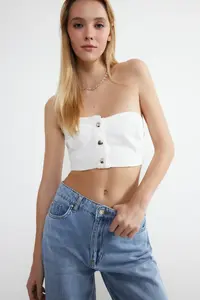 TRENDYOLMİLLA White Front buttoned Strapless Collar Mini denim Bustier