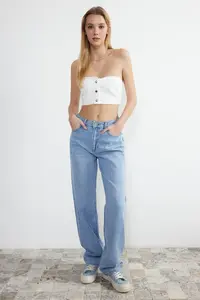 TRENDYOLMİLLA White Front buttoned Strapless Collar Mini denim Bustier - Image 2