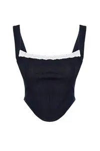 TRENDYOLMİLLA Dark Blue Lace Collar Detailed Sleeveless denim comfort/Flexible Crop Bustier - Image 7