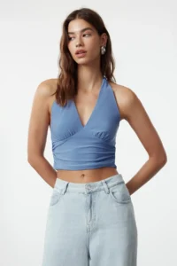 TRENDYOLMİLLA Mavi Barbell Neck Patterned Flexible Crop Knitting Blouse - Image 2