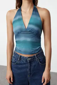 TRENDYOLMİLLA Indigo Barbell Neck Fitted Flexible Crop Knitting Blouse - Image 7