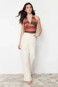 TRENDYOLMİLLA Multicolored Barbell Neck Fitted Patterned Crop Flexible Knitting Blouse - Image 3
