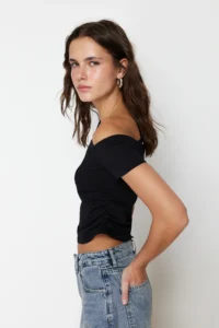 TRENDYOLMİLLA Black Shirred Asymmetric Yaka Flexible  Knitting Blouse - Image 2