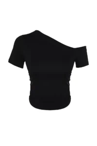 TRENDYOLMİLLA Black Shirred Asymmetric Yaka Flexible  Knitting Blouse - Image 7