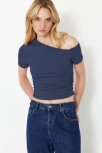 TRENDYOLMİLLA Indigo Shirred Asymmetric Yaka Flexible Knitting Blouse