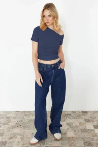 TRENDYOLMİLLA Indigo Shirred Asymmetric Yaka Flexible Knitting Blouse - Image 2
