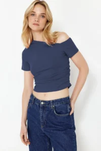 TRENDYOLMİLLA Indigo Shirred Asymmetric Yaka Flexible Knitting Blouse - Image 3