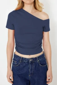 TRENDYOLMİLLA Indigo Shirred Asymmetric Yaka Flexible Knitting Blouse - Image 5
