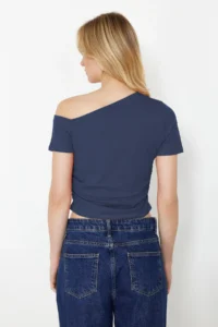 TRENDYOLMİLLA Indigo Shirred Asymmetric Yaka Flexible Knitting Blouse - Image 6