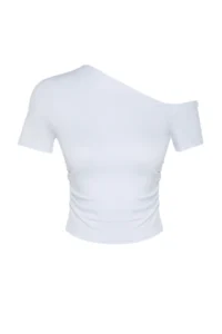 TRENDYOLMİLLA White Shirred Asymmetric Yaka Flexible  Knitting Blouse - Image 7