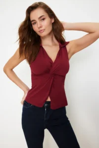 TRENDYOLMİLLA Burgundy Fitted Polo Shirt Collar Flexible Knitting Blouse
