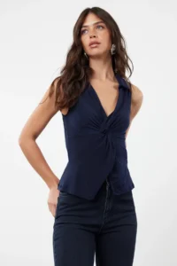 TRENDYOLMİLLA Navy Blue Fitted Polo Shirt Collar Flexible Knitting Blouse