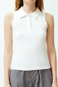 TRENDYOLMİLLA Ecru buttoned Polo Shirt Collar Zero Sleeve Ribbed Flexible Knitting Blouse - Image 4