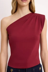 TRENDYOLMİLLA Burgundy Asymmetric One Shoulder padded Flexible Knitting Blouse - Image 3
