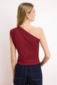 TRENDYOLMİLLA Burgundy Asymmetric One Shoulder padded Flexible Knitting Blouse - Image 4