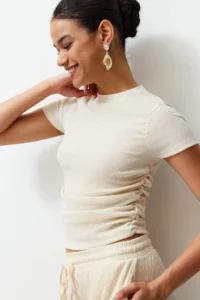 TRENDYOLMİLLA Stone Dog collar Short Sleeve Gather Detailed Flexible Knitting Blouse - Image 2