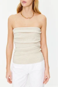 TRENDYOLMİLLA Ecru Drape Detailed Lurex/Silvery Strapless Flexible Knitting Blouse - Image 7