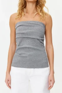 TRENDYOLMİLLA Gray Drape Detailed Lurex/Silvery Strapless Flexible Knitting Blouse - Image 5