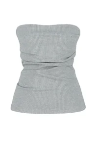 TRENDYOLMİLLA Gray Drape Detailed Lurex/Silvery Strapless Flexible Knitting Blouse - Image 7