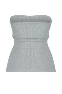 TRENDYOLMİLLA Gray Drape Detailed Lurex/Silvery Strapless Flexible Knitting Blouse - Image 8