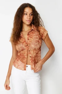 TRENDYOLMİLLA Multicolored Fitted Shirt Collar Tulle Flexible Knitting Blouse