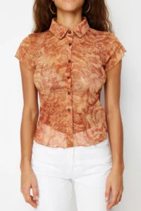 TRENDYOLMİLLA Multicolored Fitted Shirt Collar Tulle Flexible Knitting Blouse - Image 5