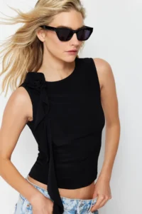TRENDYOLMİLLA Black Rose Accessory Detailed Frilly Flexible Regular Knitting Blouse - Image 2