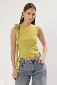 TRENDYOLMİLLA Oil Green Rose Accessory Detailed Frilly Flexible Regular Knitting Blouse - Image 2