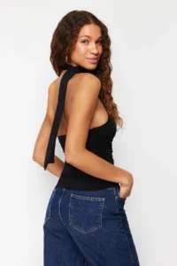 TRENDYOLMİLLA Black Barbell Neck Shirred Lined Flexible Tulle Knitting Blouse - Image 3