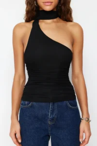 TRENDYOLMİLLA Black Barbell Neck Shirred Lined Flexible Tulle Knitting Blouse - Image 4
