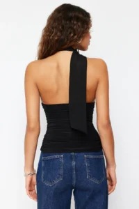 TRENDYOLMİLLA Black Barbell Neck Shirred Lined Flexible Tulle Knitting Blouse - Image 6