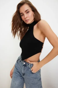 TRENDYOLMİLLA Black Dog collar Crop Back Detailed off shoulder Knitting Blouse - Image 3
