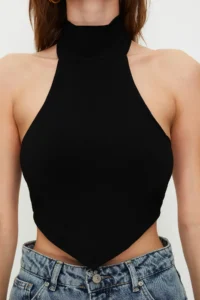 TRENDYOLMİLLA Black Dog collar Crop Back Detailed off shoulder Knitting Blouse - Image 4