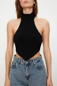 TRENDYOLMİLLA Black Dog collar Crop Back Detailed off shoulder Knitting Blouse - Image 5
