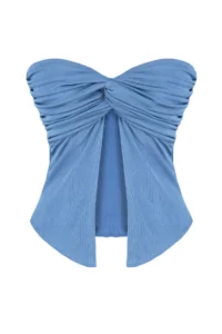TRENDYOLMİLLA Indigo Buzzy Heart Yaka Shirred Flexible Crop Knitting Blouse - Image 7
