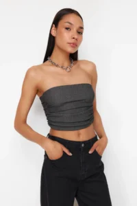 TRENDYOLMİLLA Anthracite Strapless Shirred Flexible Knitting Blouse