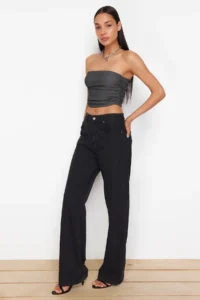 TRENDYOLMİLLA Anthracite Strapless Shirred Flexible Knitting Blouse - Image 2