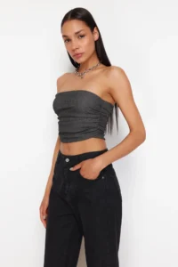 TRENDYOLMİLLA Anthracite Strapless Shirred Flexible Knitting Blouse - Image 3
