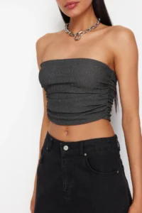 TRENDYOLMİLLA Anthracite Strapless Shirred Flexible Knitting Blouse - Image 4
