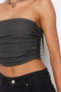 TRENDYOLMİLLA Anthracite Strapless Shirred Flexible Knitting Blouse - Image 5