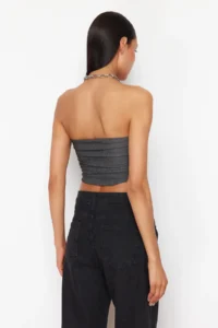 TRENDYOLMİLLA Anthracite Strapless Shirred Flexible Knitting Blouse - Image 6