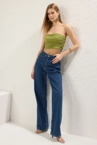 TRENDYOLMİLLA Oil Green Strapless Shirred Flexible Knitting Blouse - Image 2
