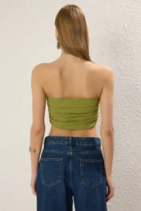 TRENDYOLMİLLA Oil Green Strapless Shirred Flexible Knitting Blouse - Image 4