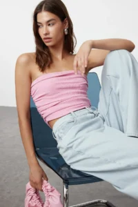 TRENDYOLMİLLA Pink Strapless Shirred Flexible Knitting Blouse