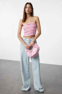 TRENDYOLMİLLA Pink Strapless Shirred Flexible Knitting Blouse - Image 2